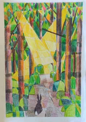 Chris B, In the woods, coloured pencil.